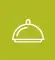 Ícono blanco de campana de comida sobre fondo verde representando restaurante o gastronomía